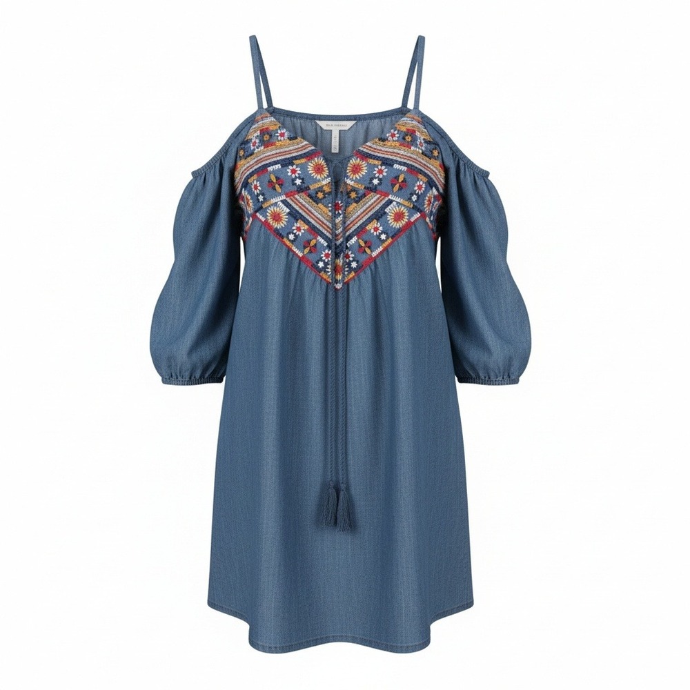 Blu Pepper Floral Embroidered Cold Shoulder Denim Dress Tassels Blue Size L Fun